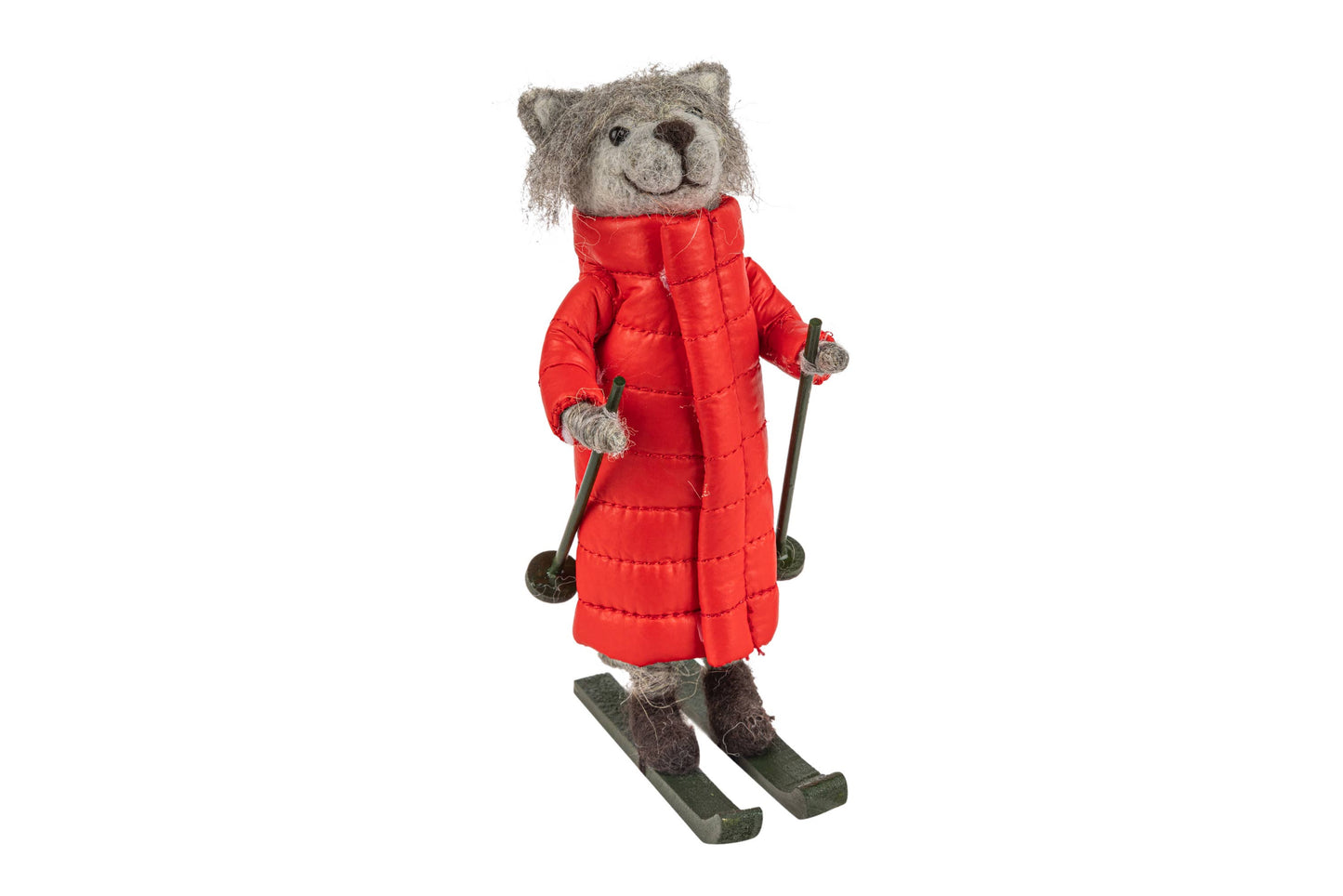 A12751-Felt grey fox on skis orn, red puffer coat, 5.5 in