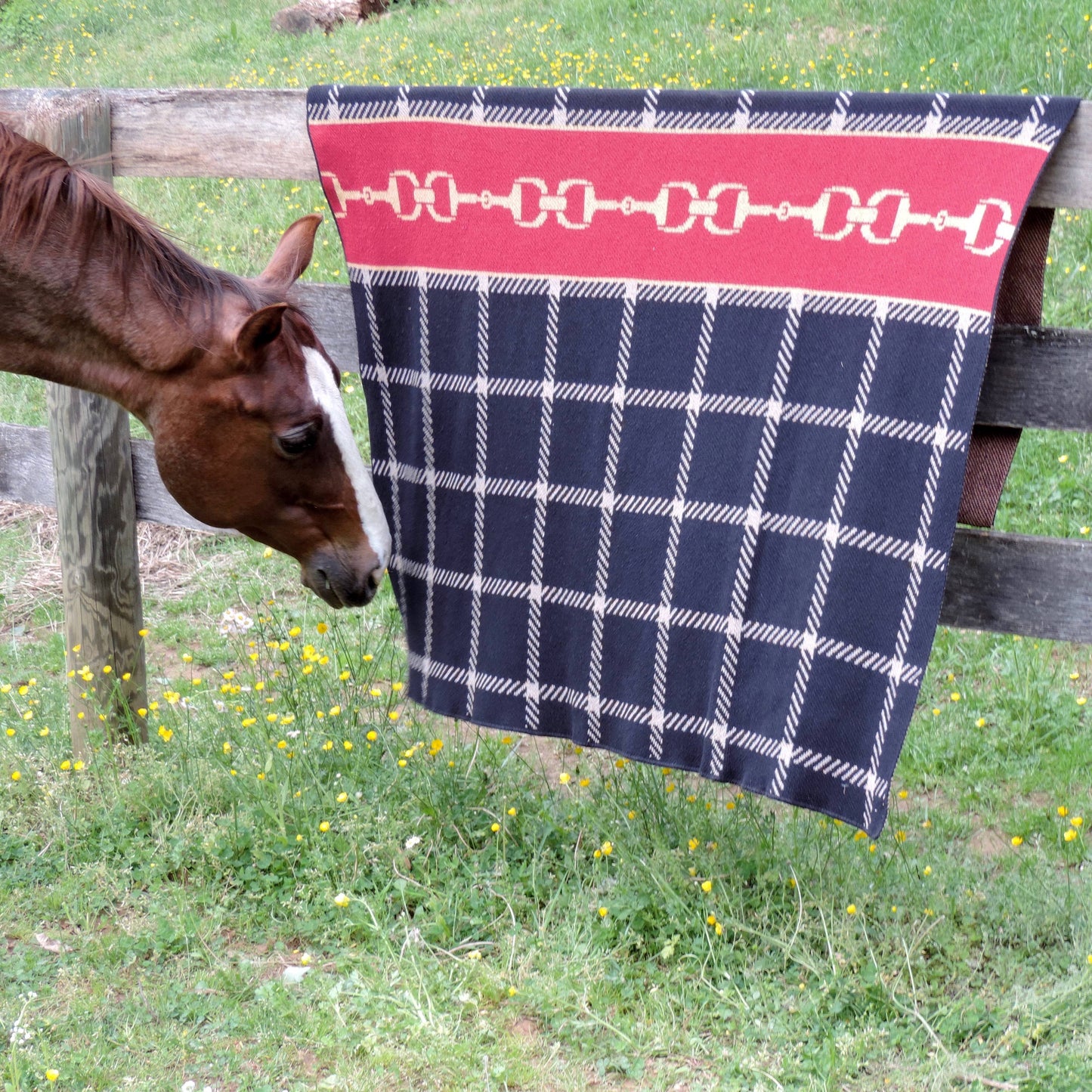 Equestrian Horse Bit Plaid Throw Blanket: Black