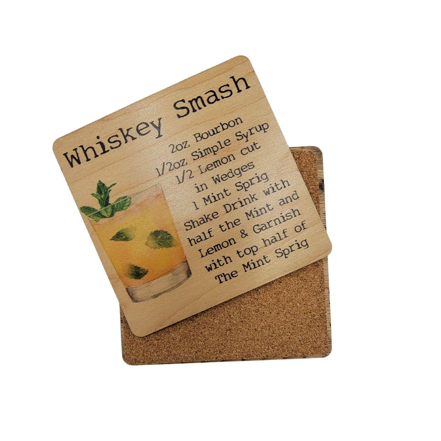 Whiskey Smash Cocktail Wooden Bar Coaster