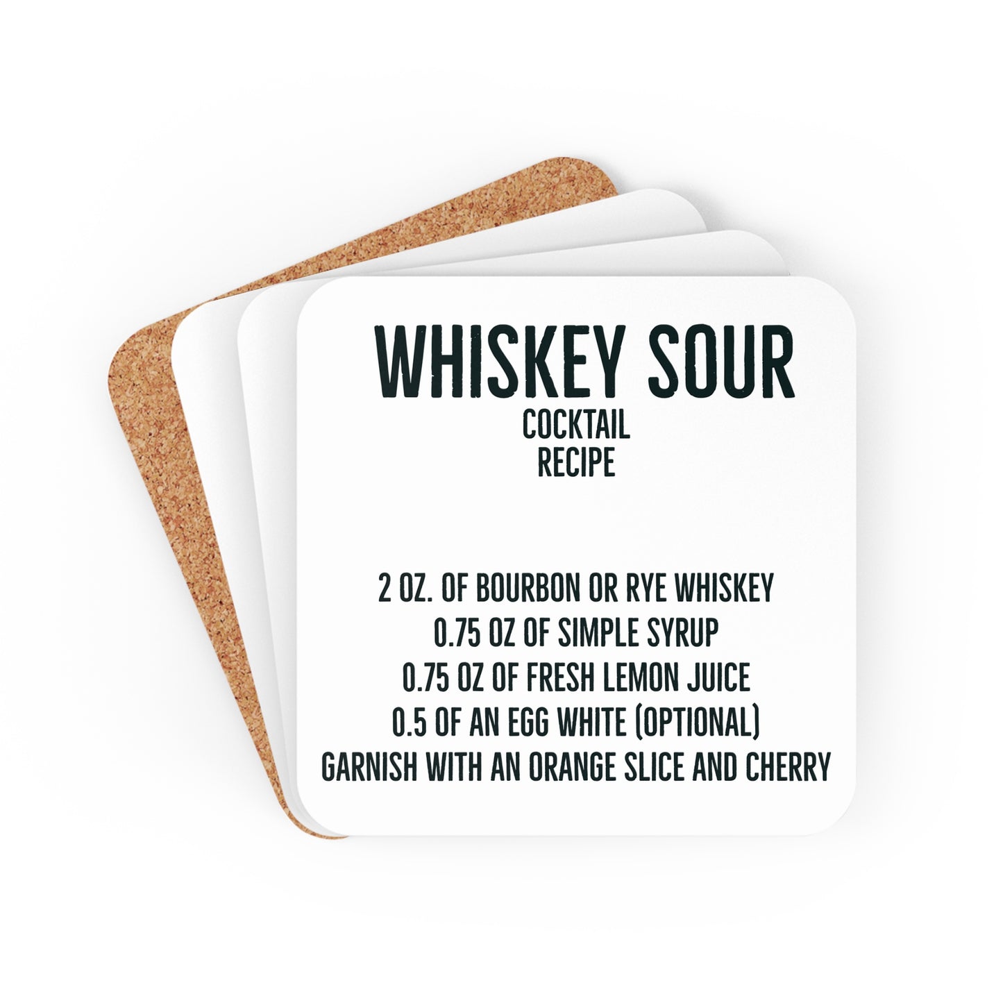 Whiskey Sour Bourbon Cocktail Recipe Coaster Set mens gift bar housewarming hostess gift