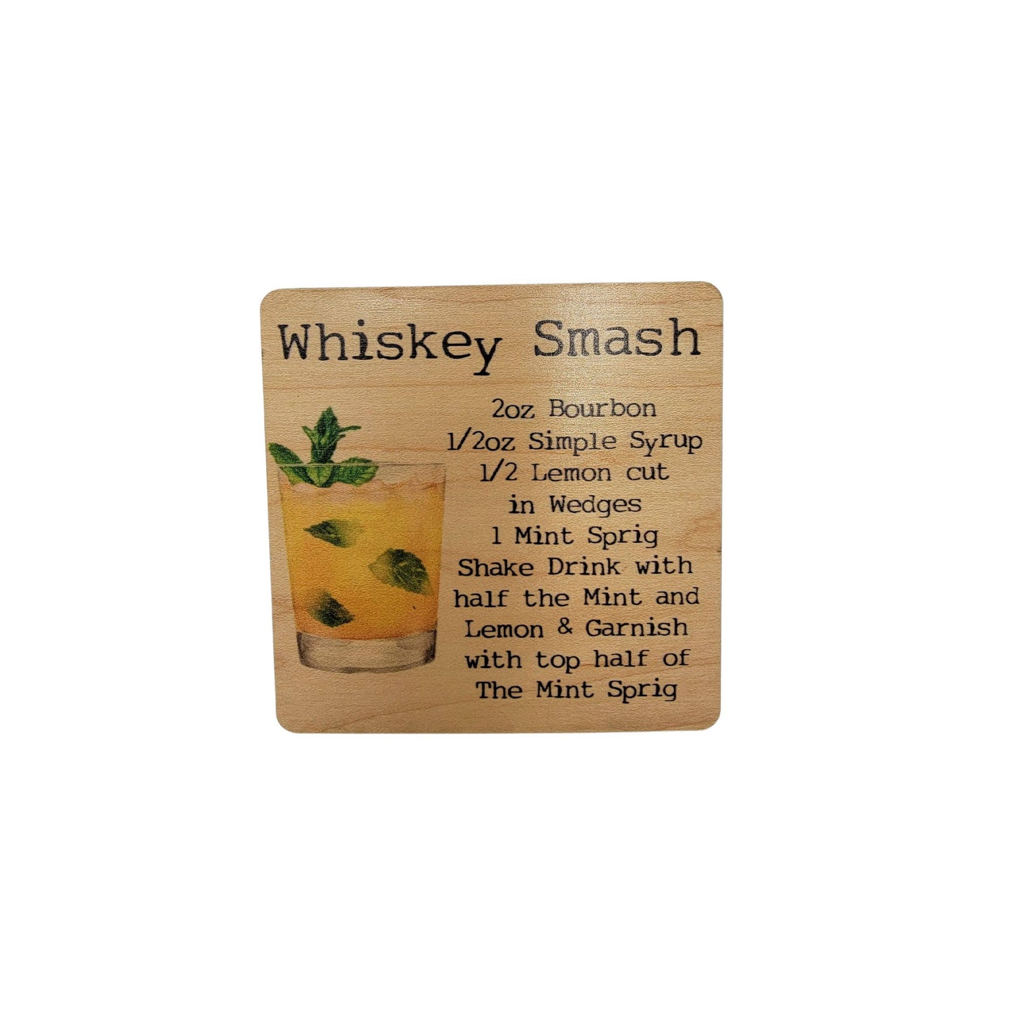 Whiskey Smash Cocktail Wooden Bar Coaster