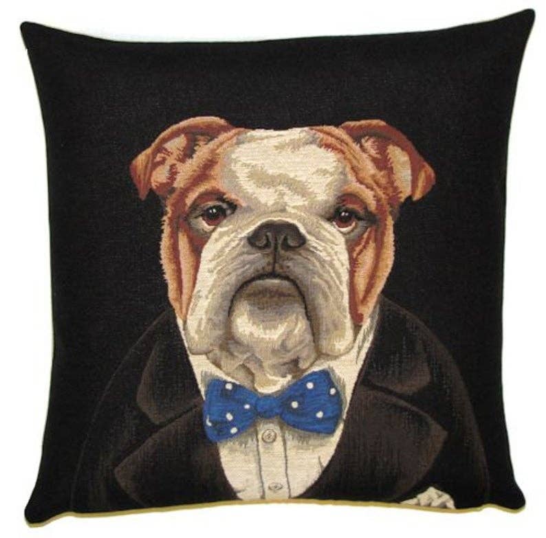 English Bulldog Portrait Throw Pillow | Black Cushion Cover